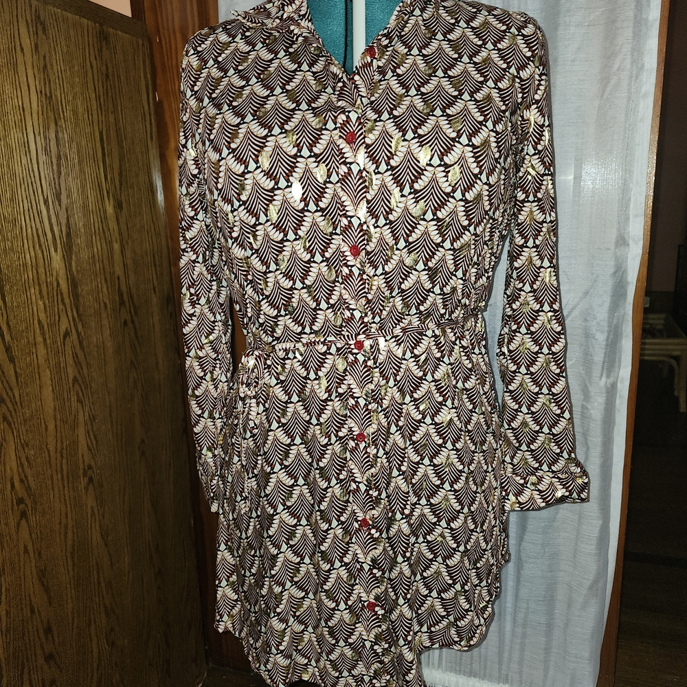 Brown and White Long Sleeve Bell Shirt Dress
